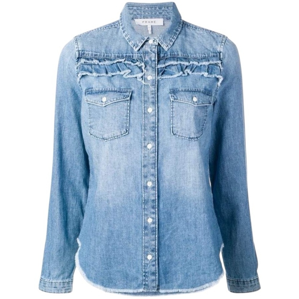 NWT FRAME Denim Ruffle Yoke Top in Kent - Size M